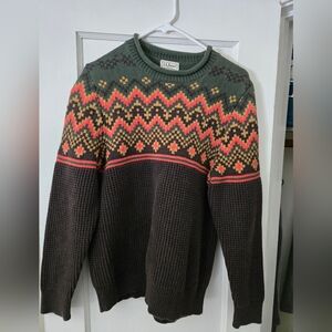 L.L. Bean Men's Green and Brown Patterned Crewneck Sweater